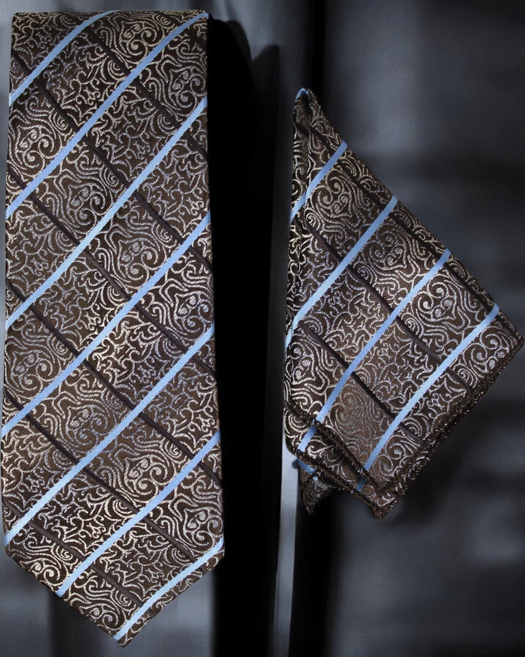 Brown paisley tie and matching pocket square with blue stripes on a dark background Tie Benon