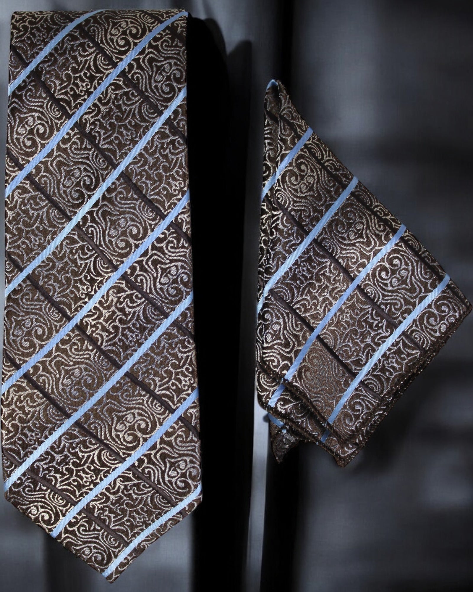 Brown paisley tie and matching pocket square with blue stripes on a dark background Tie Benon
