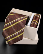 Brown striped tie with matching pocket square in a white box on a black background tie Benon