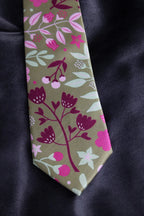 Brown & Pink Floral Tie With Pocket Square