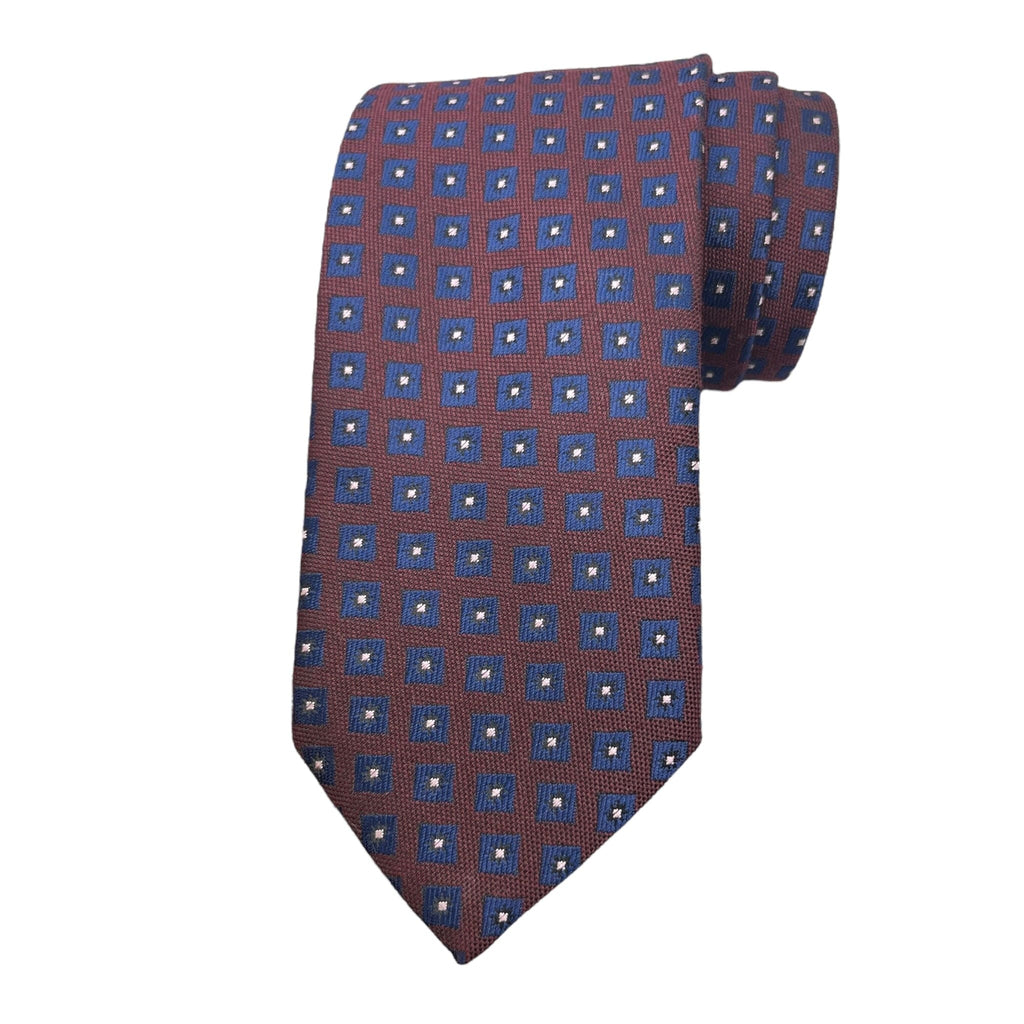 A burgundy classic woollen necktie with a geometric pattern, displayed in a rolled state.