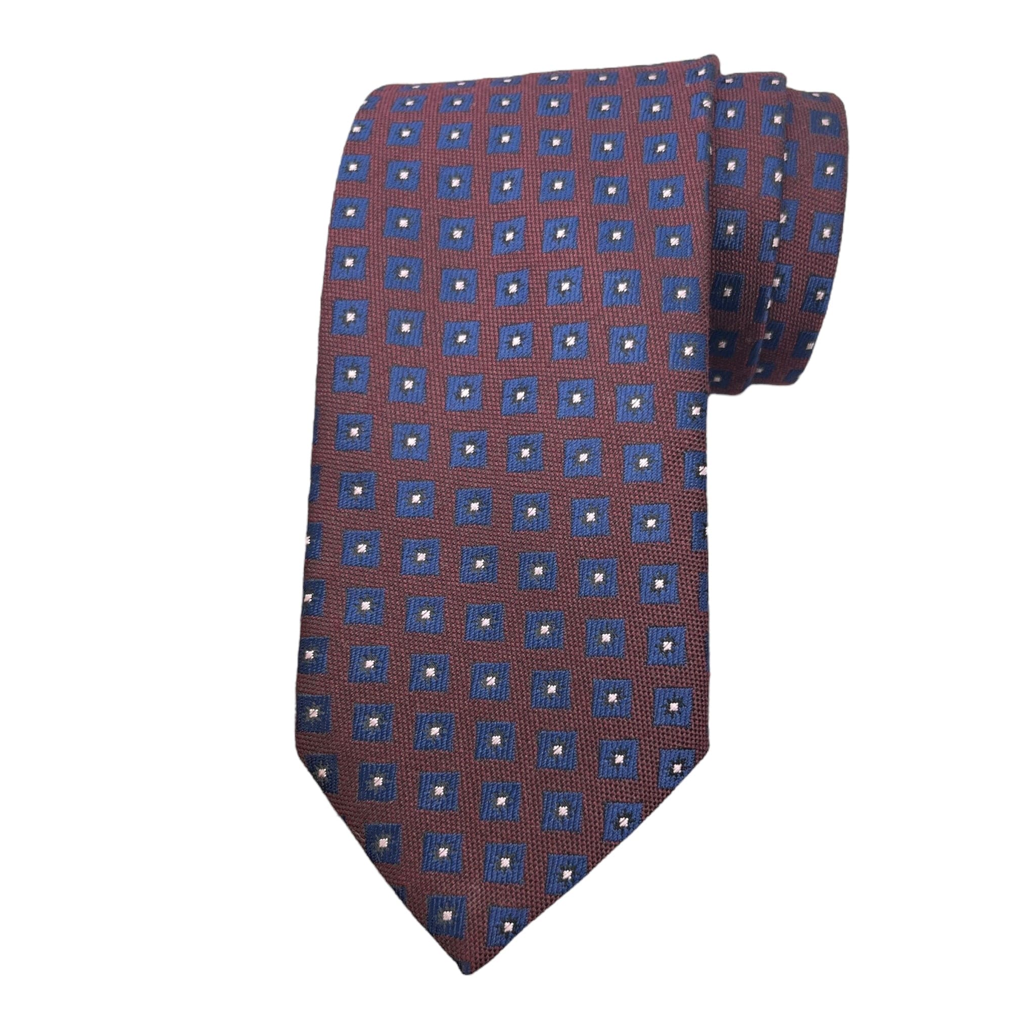A burgundy classic woollen necktie with a geometric pattern, displayed in a rolled state.