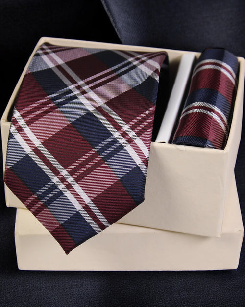 Burgundy & Navy Tartan Premium Microsilk Plaid Tie & Pocket Square Set