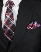 Burgundy & Navy Tartan Premium Microsilk Plaid Tie & Pocket Square Set