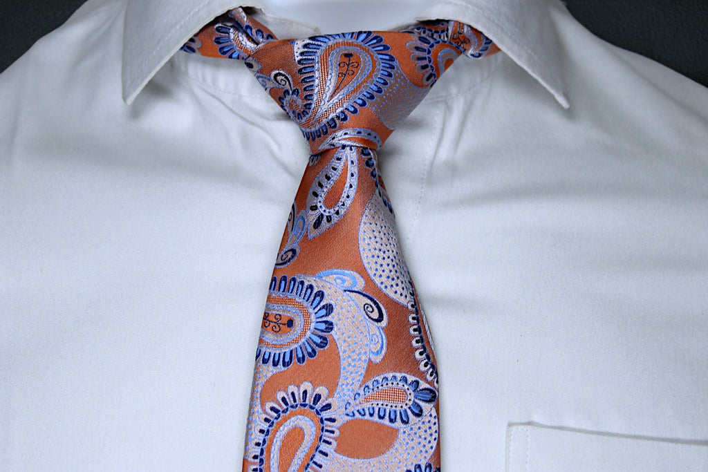 Burnt Orange Paisley Tie - Elegant Blue & Silver Accents