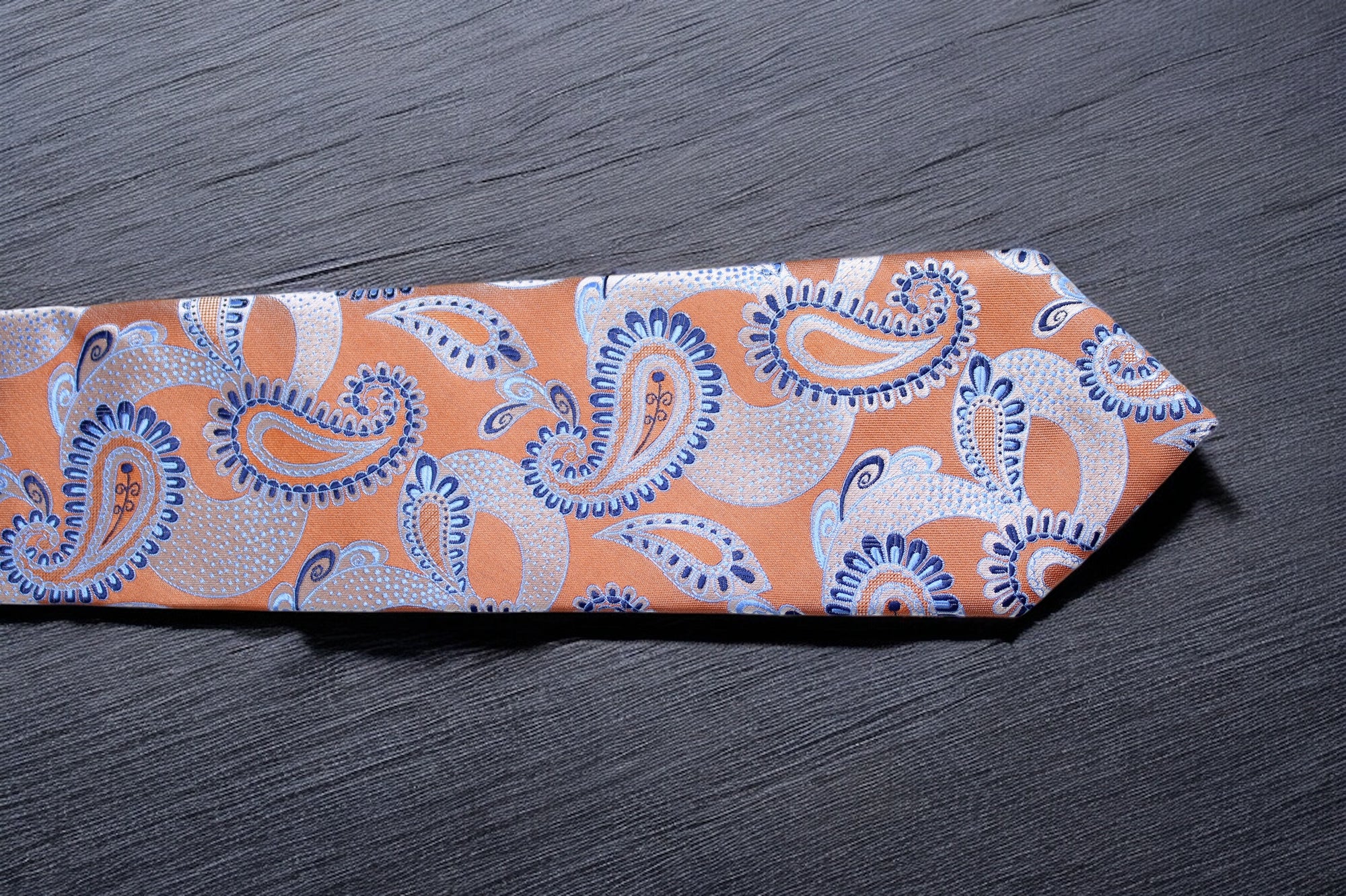Burnt Orange Paisley Tie - Elegant Blue & Silver Accents
