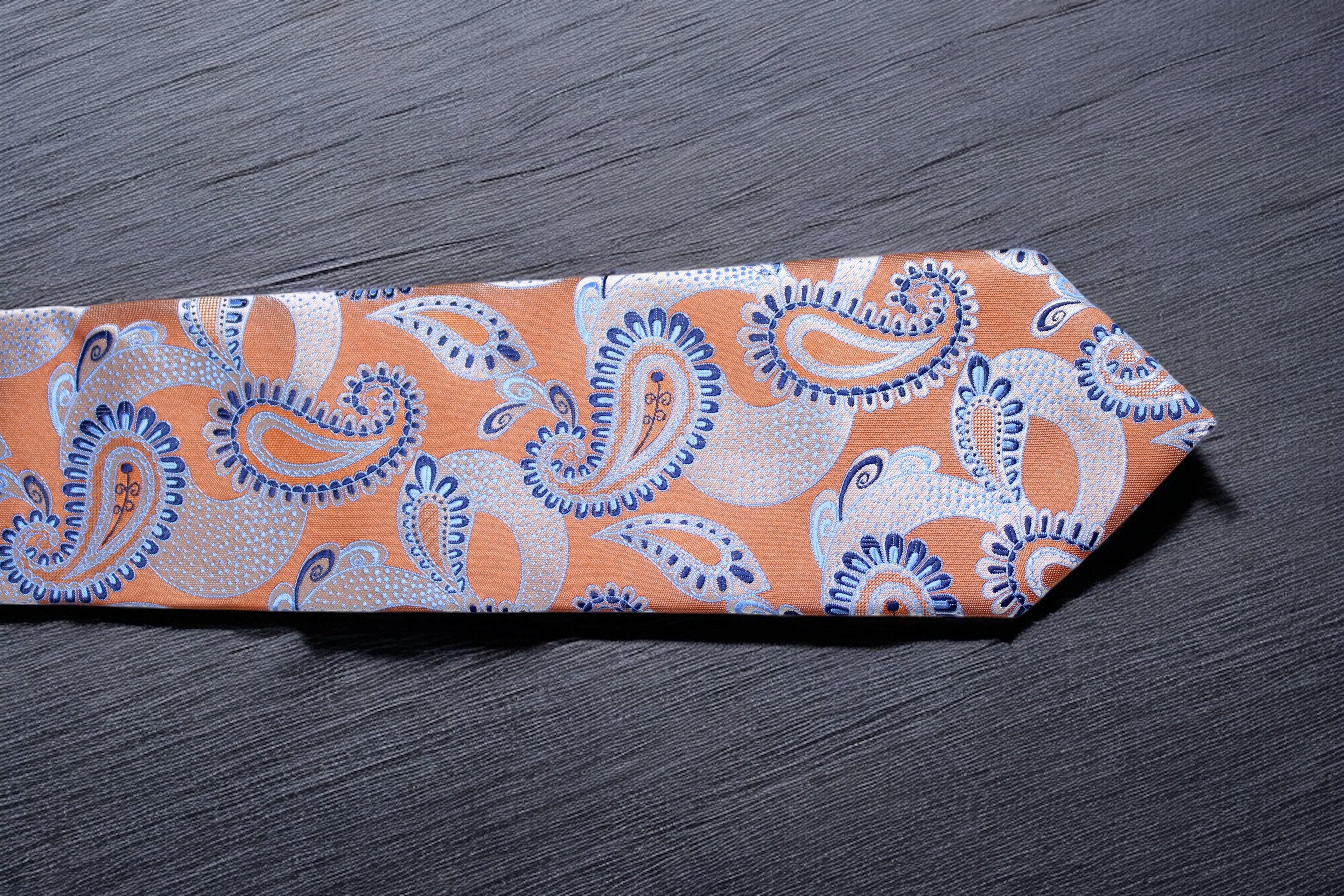 Burnt Orange Paisley Tie - Elegant Blue & Silver Accents