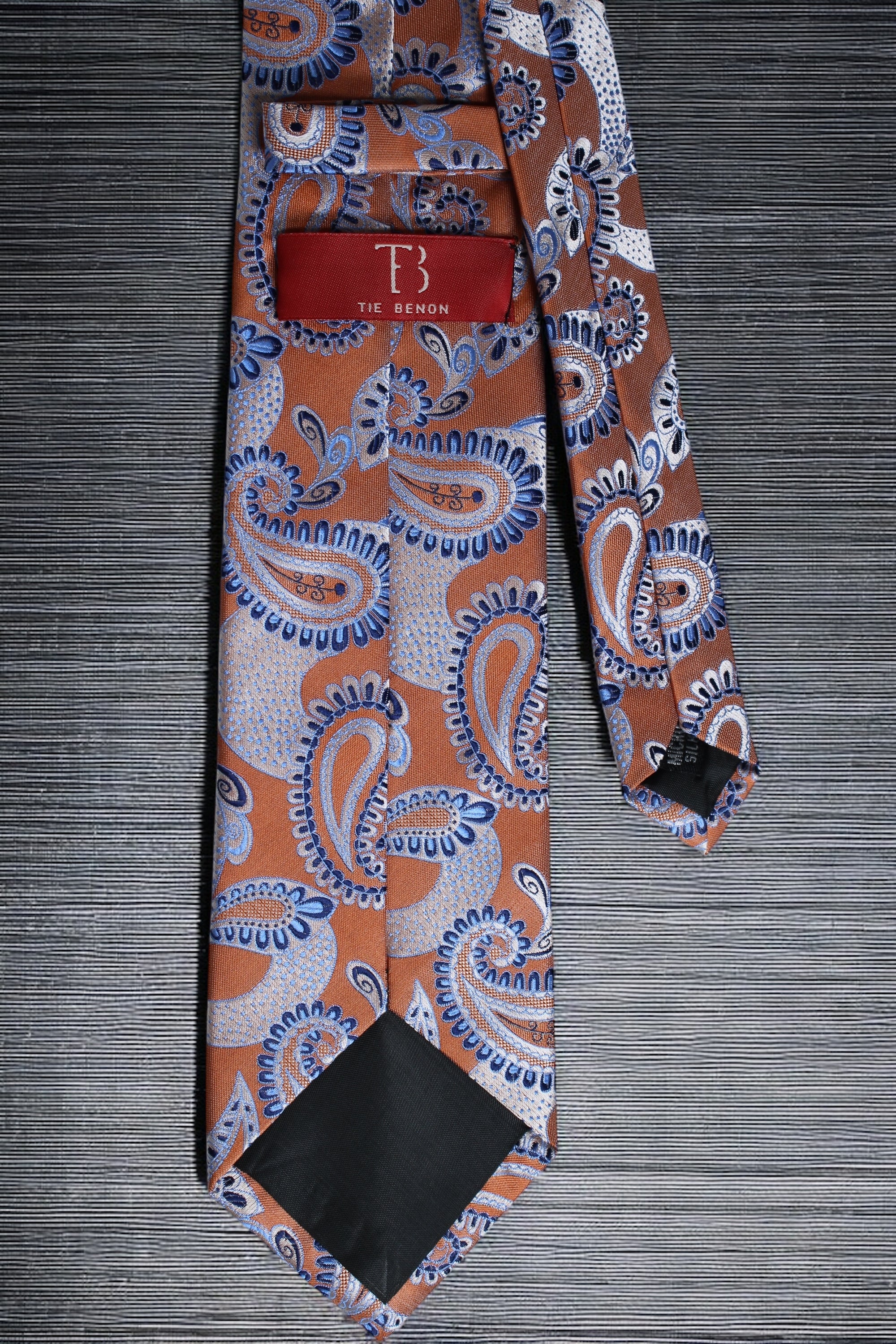 Burnt Orange Paisley Tie - Elegant Blue & Silver Accents