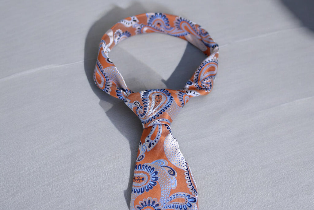 Burnt Orange Paisley Tie - Elegant Blue & Silver Accents
