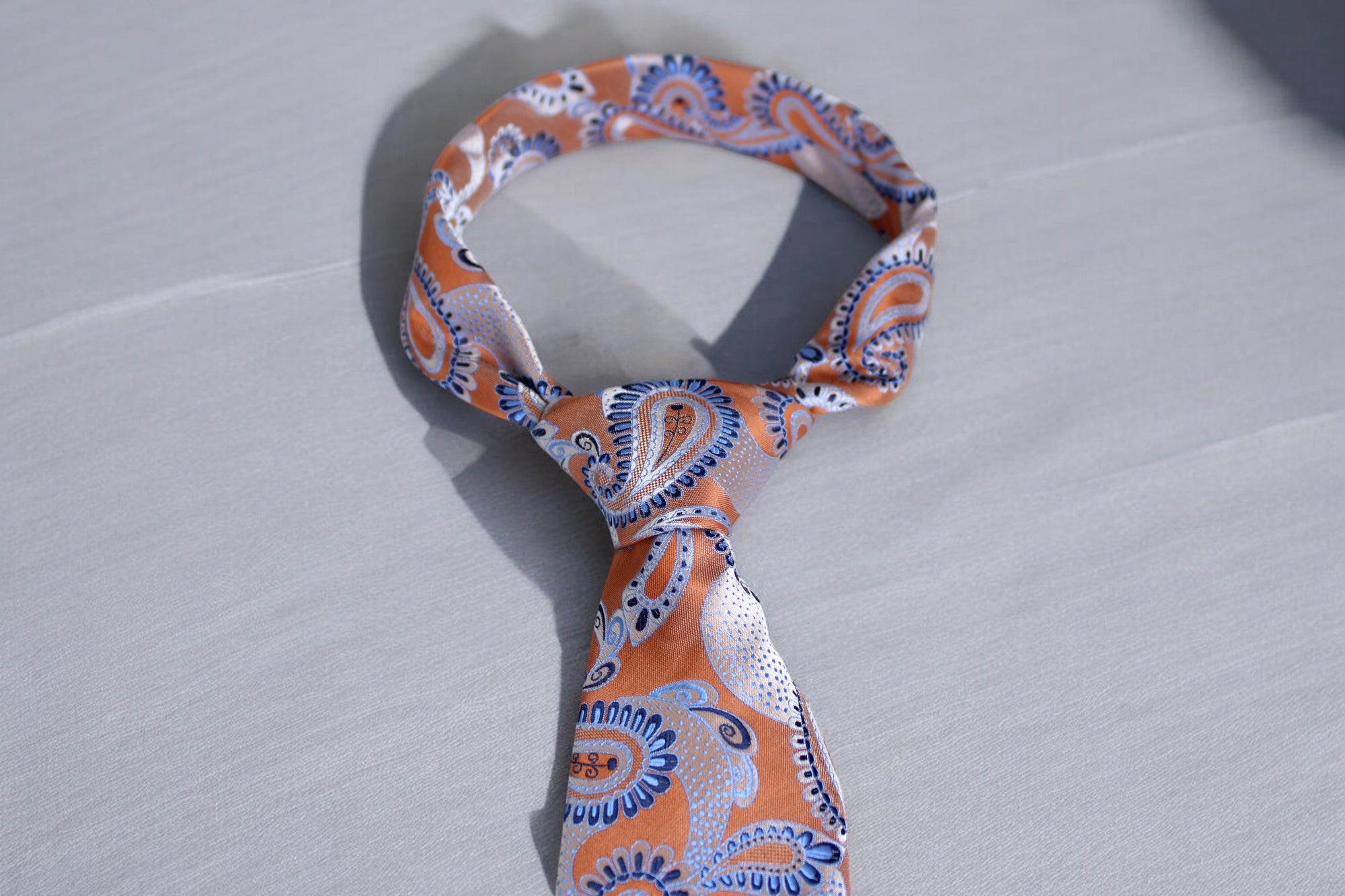 Burnt Orange Paisley Tie - Elegant Blue & Silver Accents