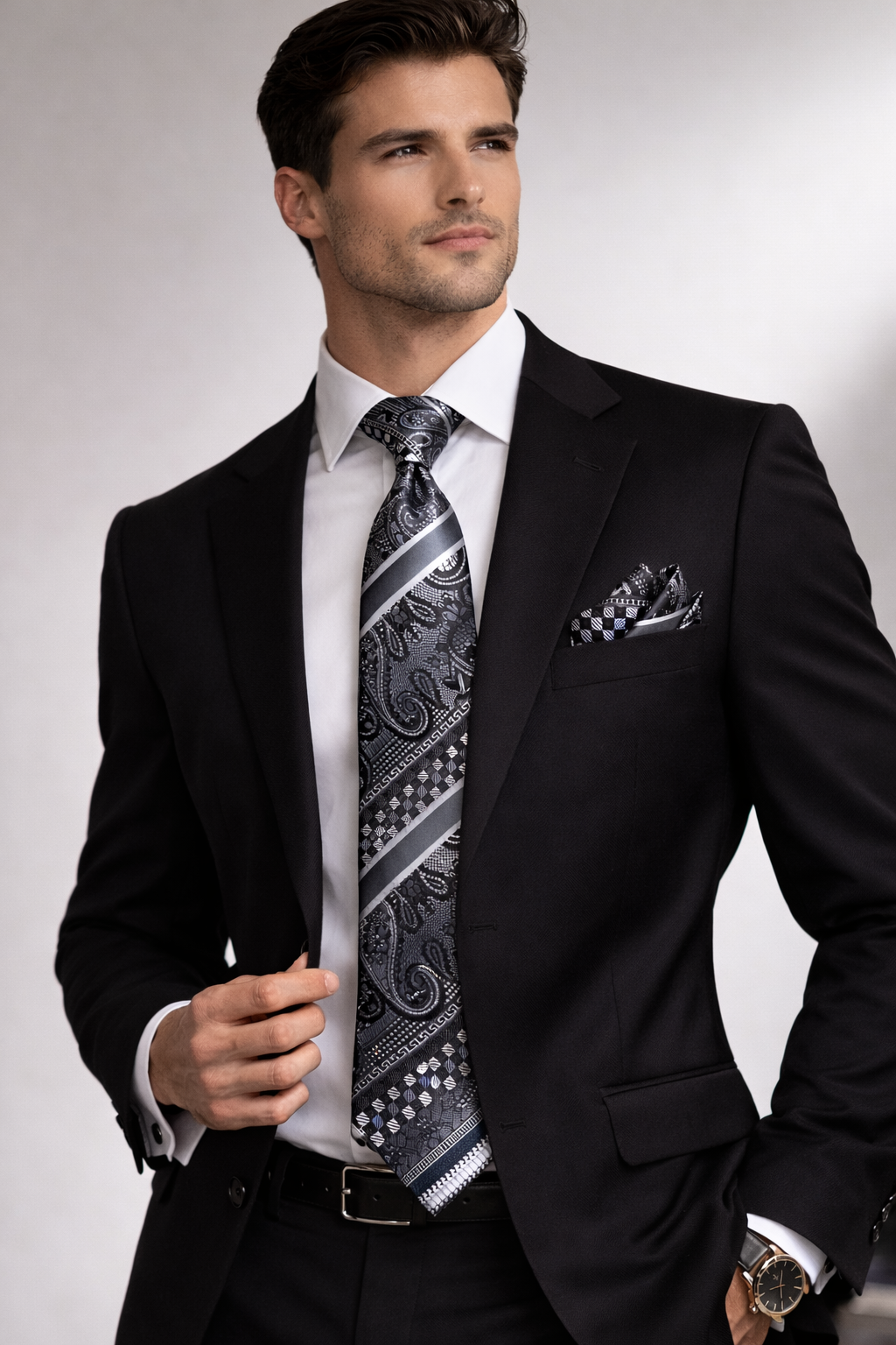 Black & Silver Paisley Microsilk Tie Set with Pocket Square