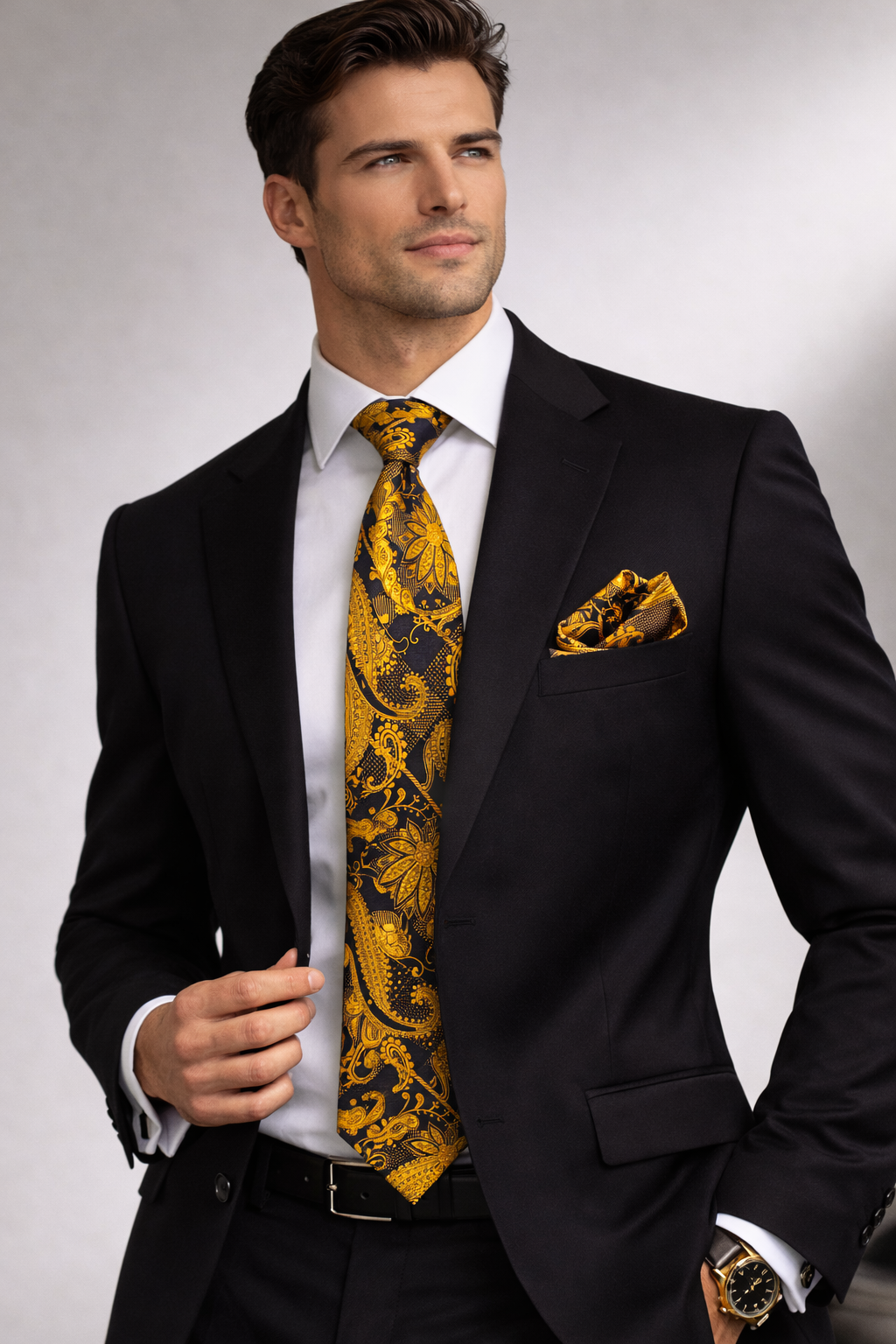 Black & Gold Paisley Microsilk Tie Set with Pocket Square