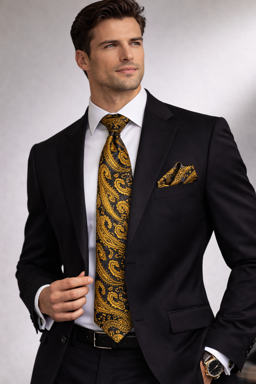 Black & Antique Gold Paisley Microsilk Tie Set with Pocket Square