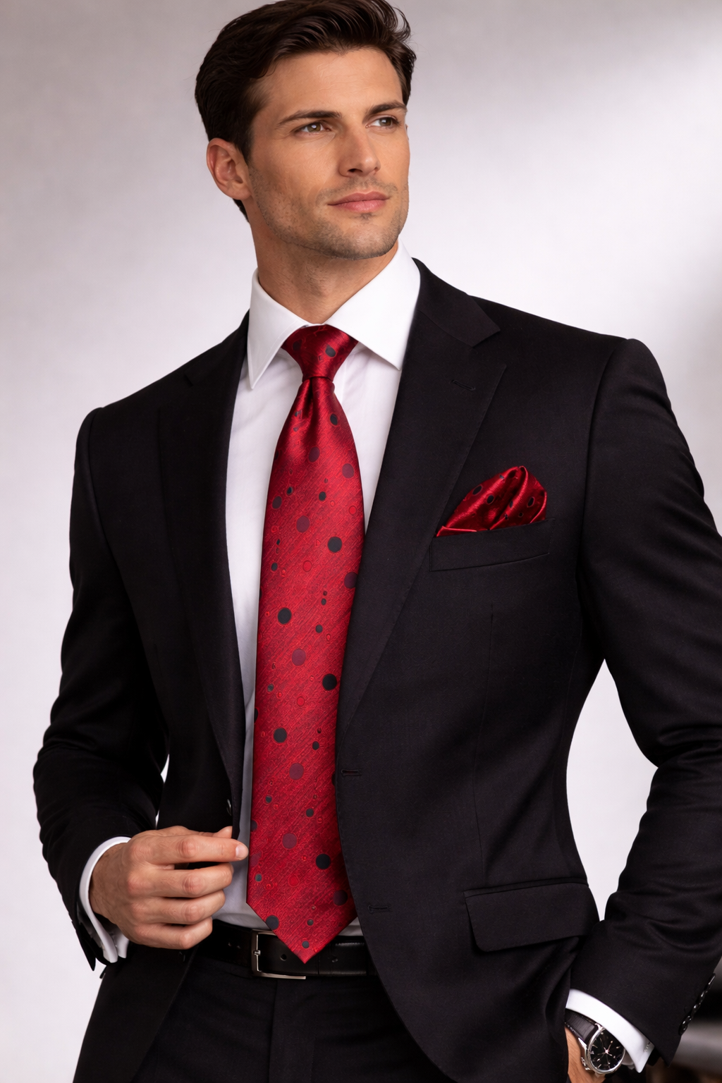 Red Polka Dot Microsilk Tie Set with Pocket Square
