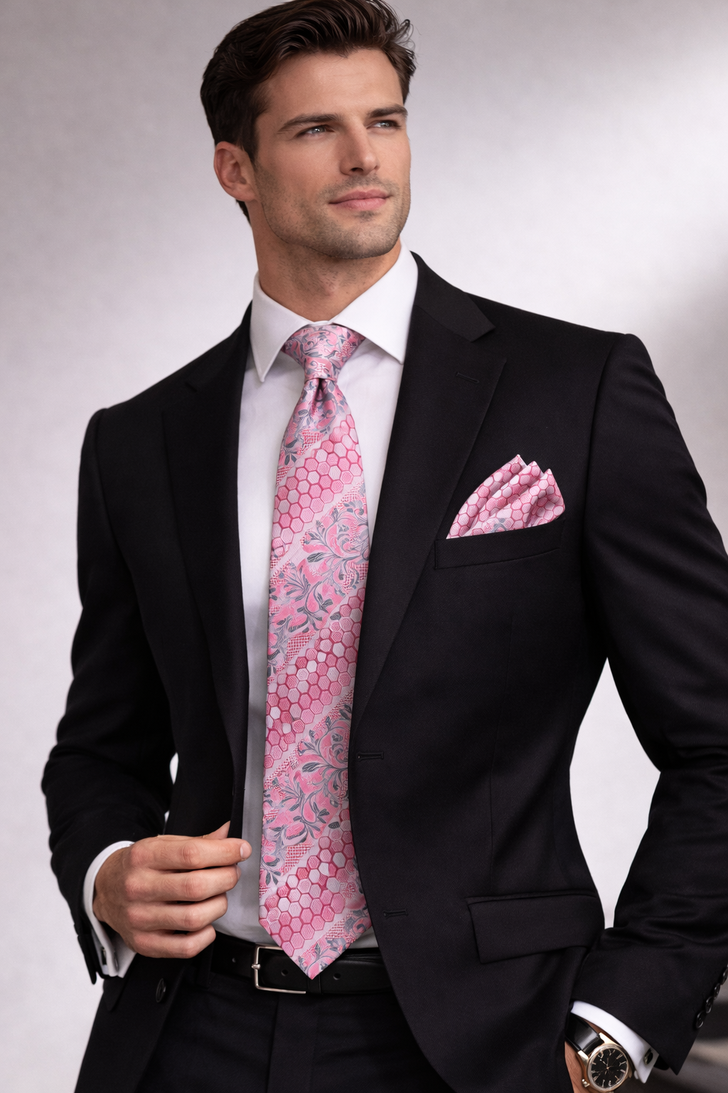 Pink Floral & Honeycomb Microsilk Tie Set with Pocket Square