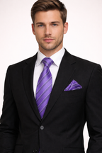 Premium Purple Striped Microsilk Tie Set with Pocket Square