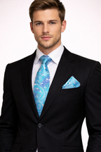 Aqua Blue Abstract Pattern Microsilk Tie Set with Pocket Square