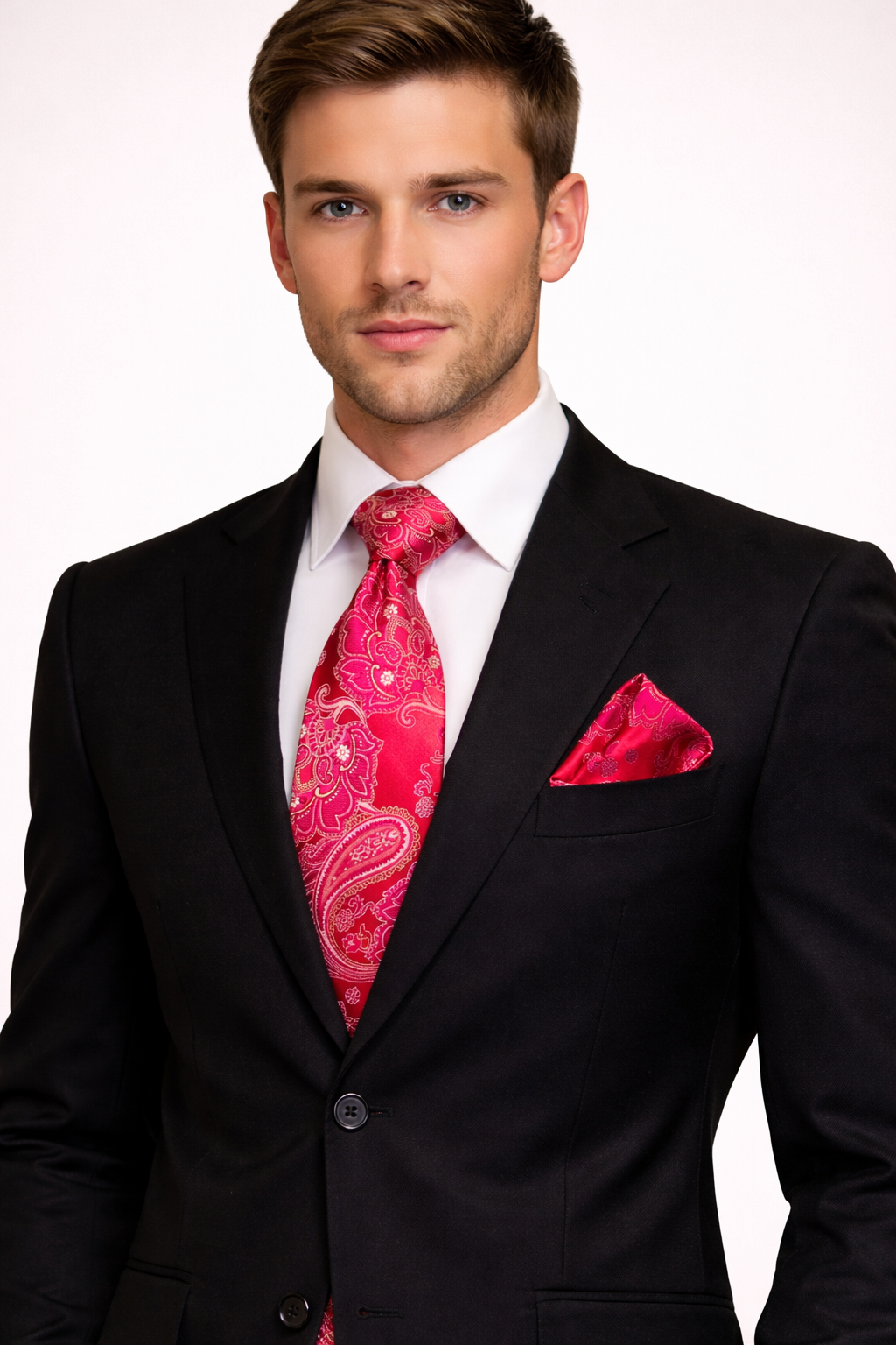 Red & Magenta Paisley Microsilk Tie Set with Pocket Square
