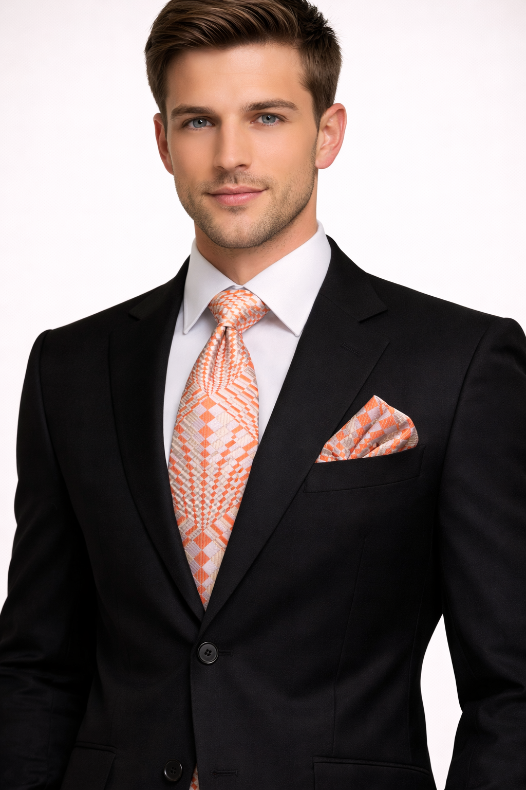 Orange & Silver Geometric Microsilk Tie Set with Pocket Square