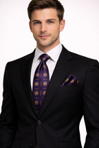 Purple & Gold Geometric Microsilk Tie Set with Pocket Square