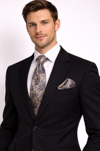 Gold & Navy Blue Floral Microsilk Tie Set with Pocket Square