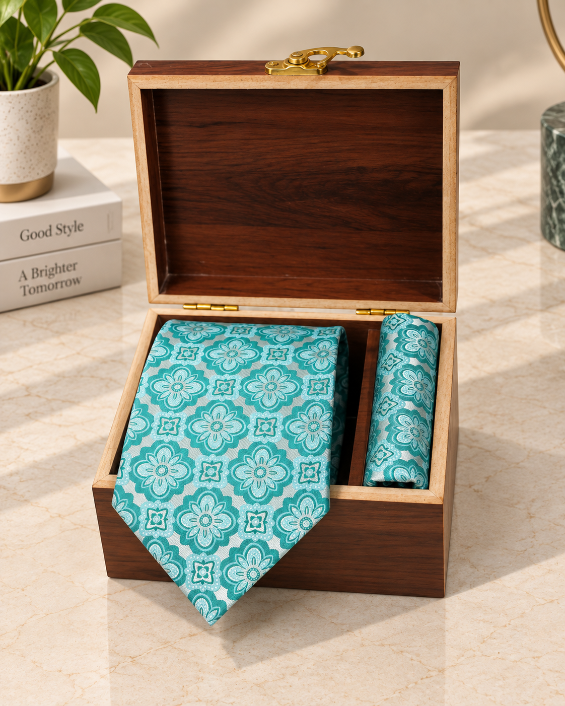 Teal Floral Microsilk Tie & Pocket Square Set