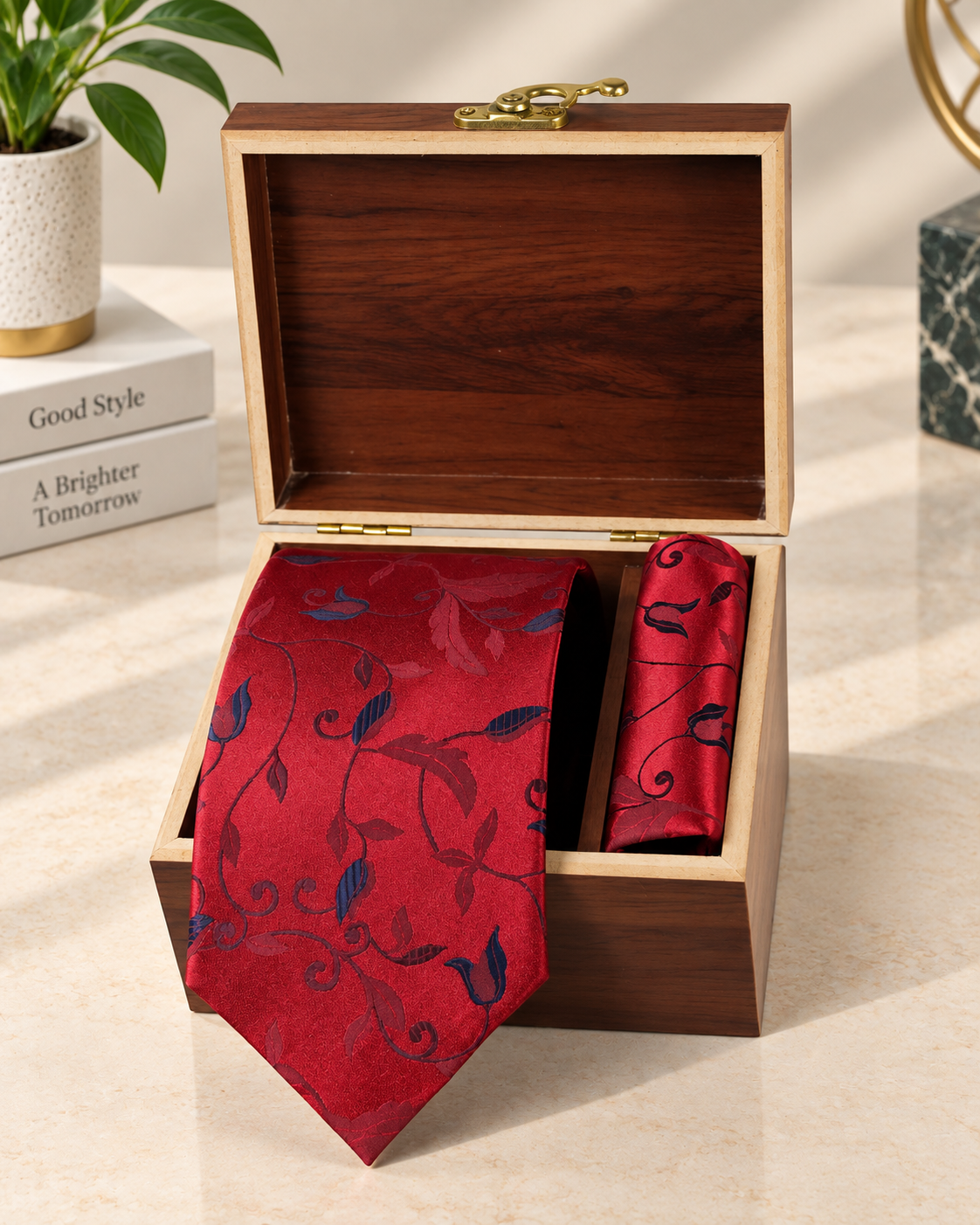 Crimson Red Floral Microsilk Tie & Pocket Square Set