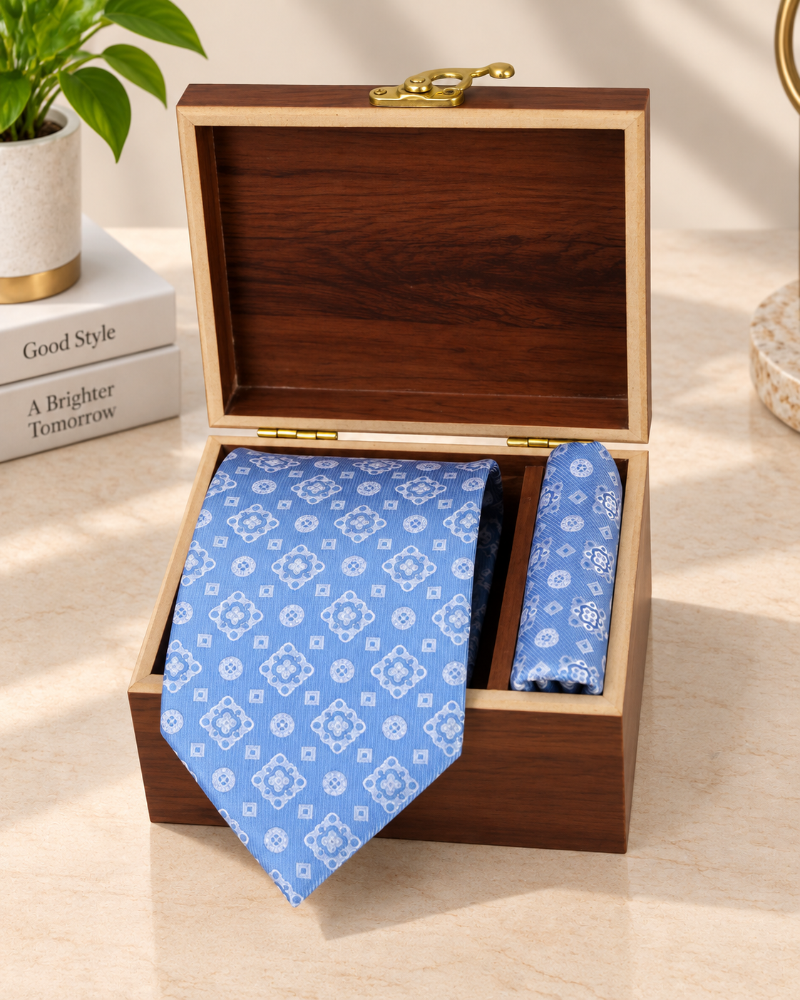 Sky Blue Geometric Microsilk Tie & Pocket Square Set