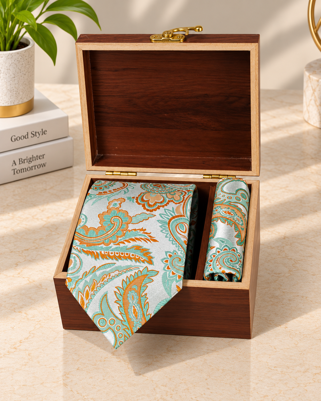 Sage Green & Burnt Orange Paisley Microsilk Tie & Pocket Square Set
