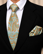 Sage Green & Burnt Orange Paisley Microsilk Tie & Pocket Square Set