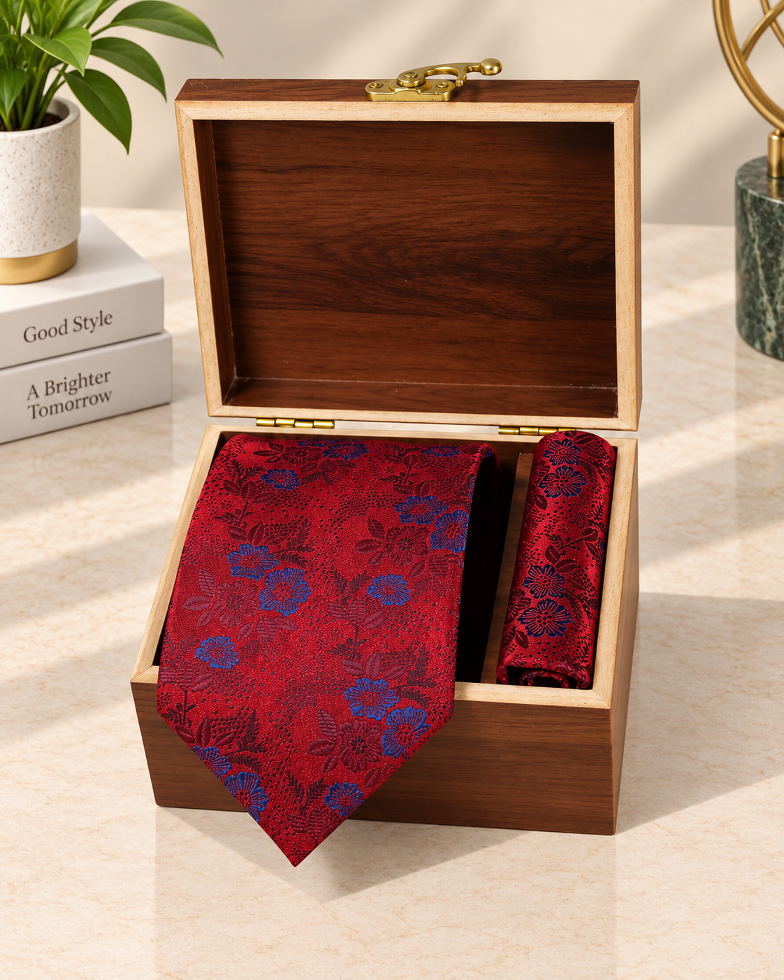 Burgundy Red & Royal Blue Floral Microsilk Tie & Pocket Square Set