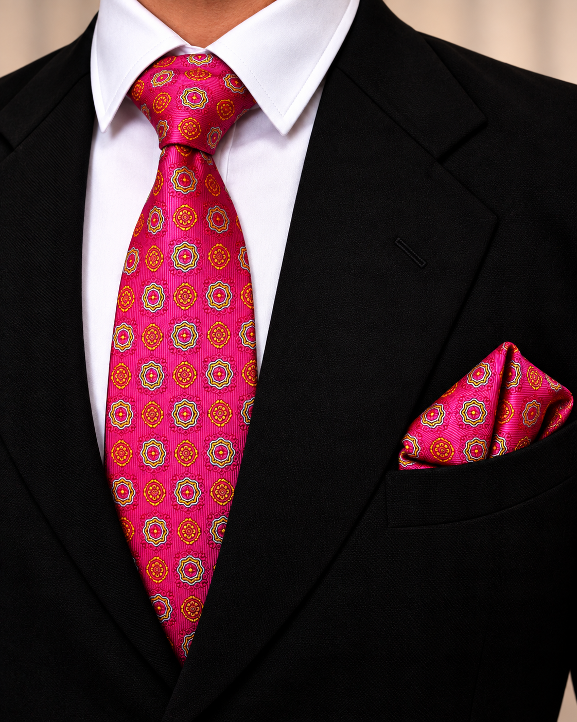 Hot Pink Geometric Microsilk Tie & Pocket Square Set