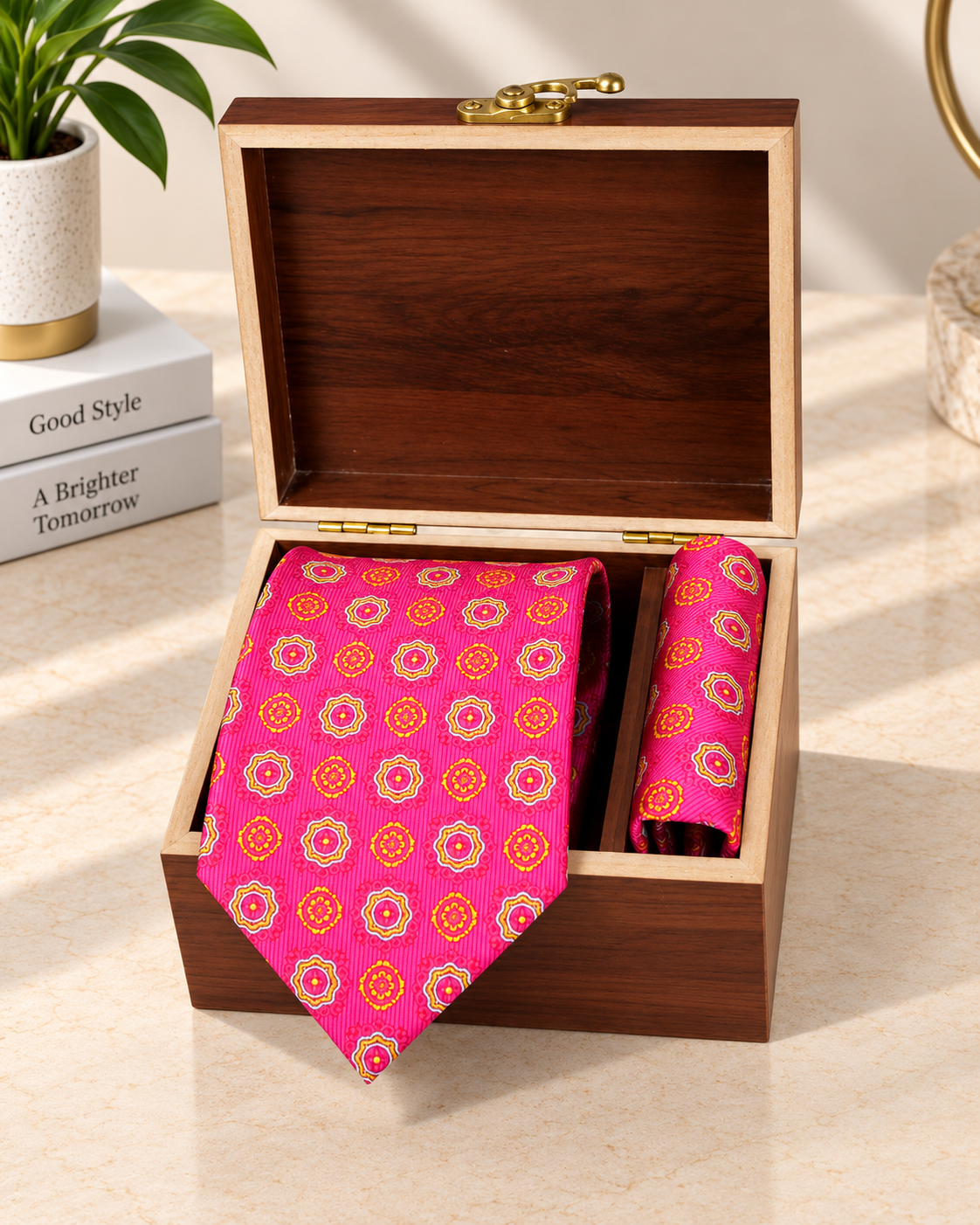Hot Pink Geometric Microsilk Tie & Pocket Square Set