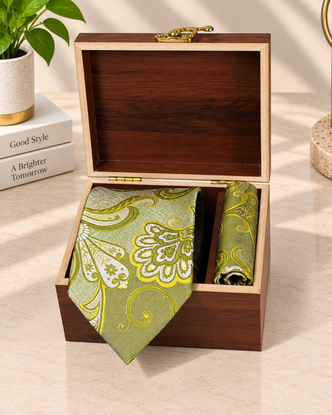 Olive Green Paisley Microsilk Tie & Pocket Square Set