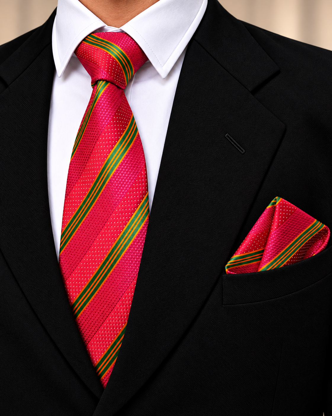 Hot Pink Striped Microsilk Tie & Pocket Square Set