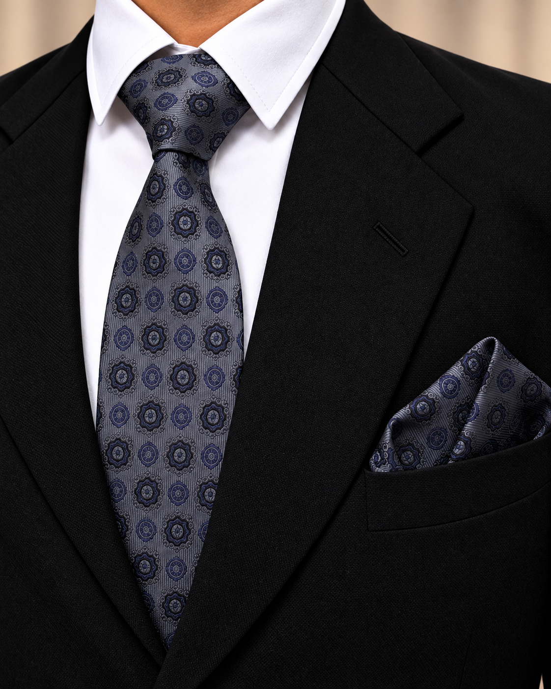 Dark Grey Geometric Microsilk Tie & Pocket Square Set