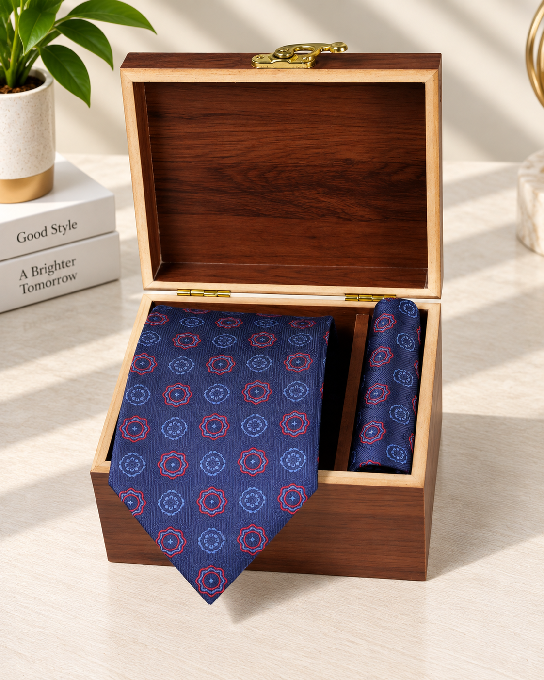 Navy & Red Medallion Microsilk Tie & Pocket Square Set