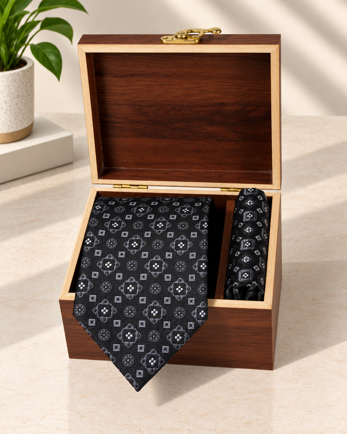 Black & Silver Medallion Microsilk Tie & Pocket Square Set