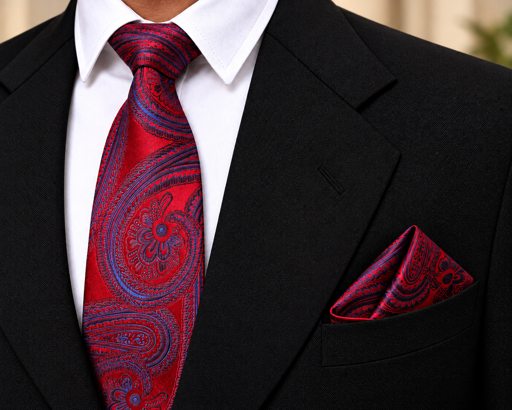 Red & Blue Paisley Microsilk Tie & Pocket Square Set