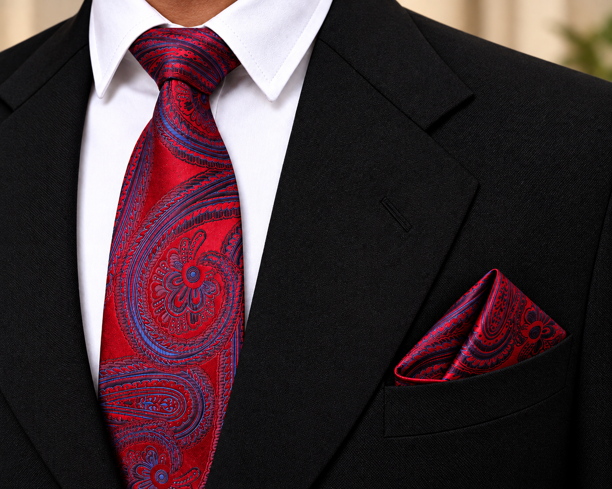 Red & Blue Paisley Microsilk Tie & Pocket Square Set