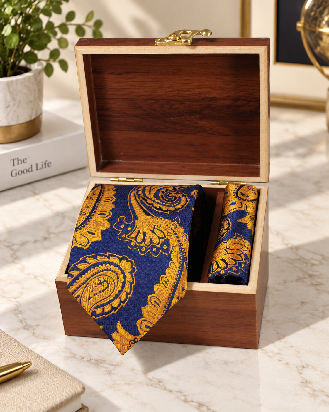Navy Blue & Mustard Paisley Microsilk Tie & Pocket Square Set
