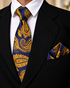Navy Blue & Mustard Paisley Microsilk Tie & Pocket Square Set