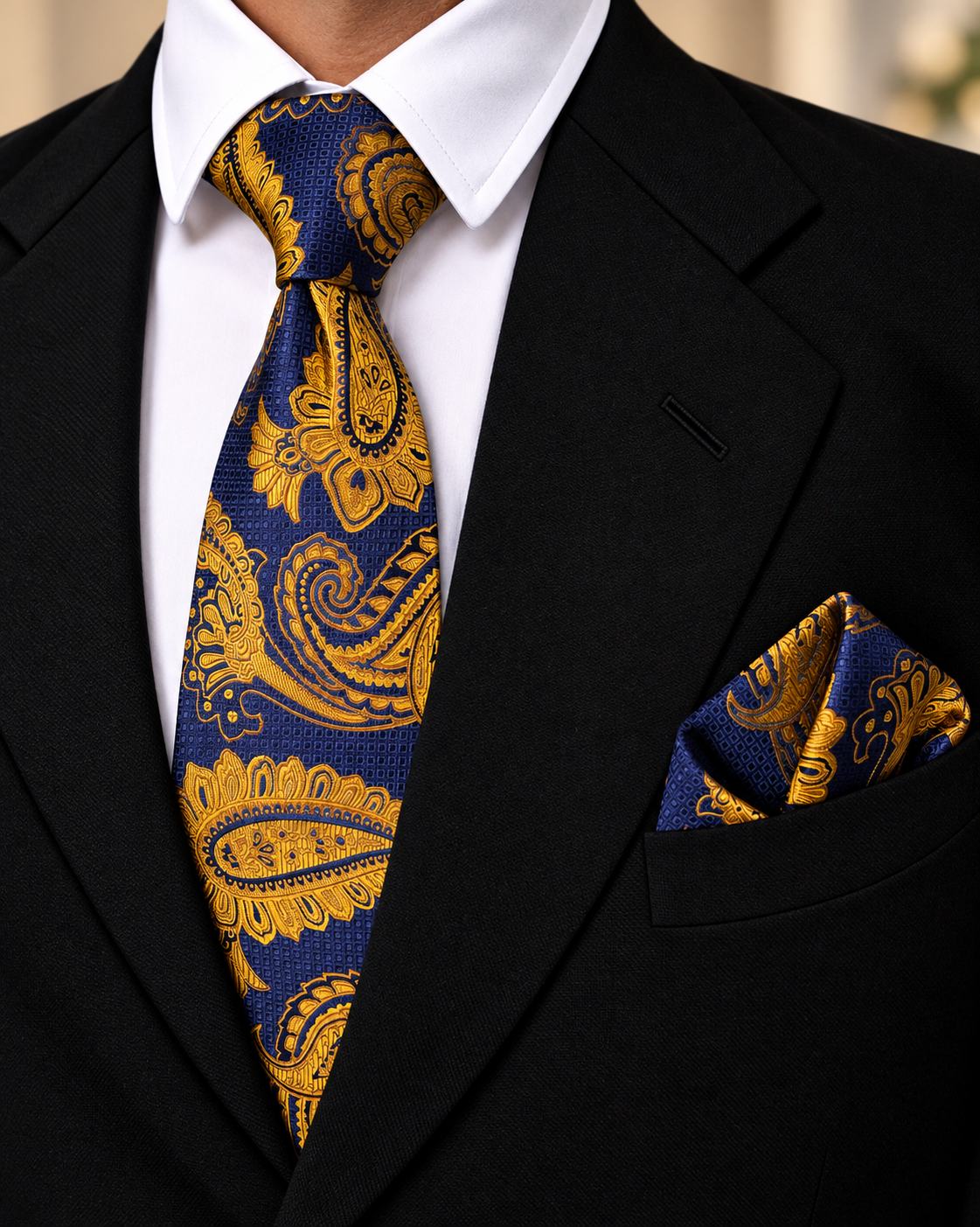 Navy Blue & Mustard Paisley Microsilk Tie & Pocket Square Set