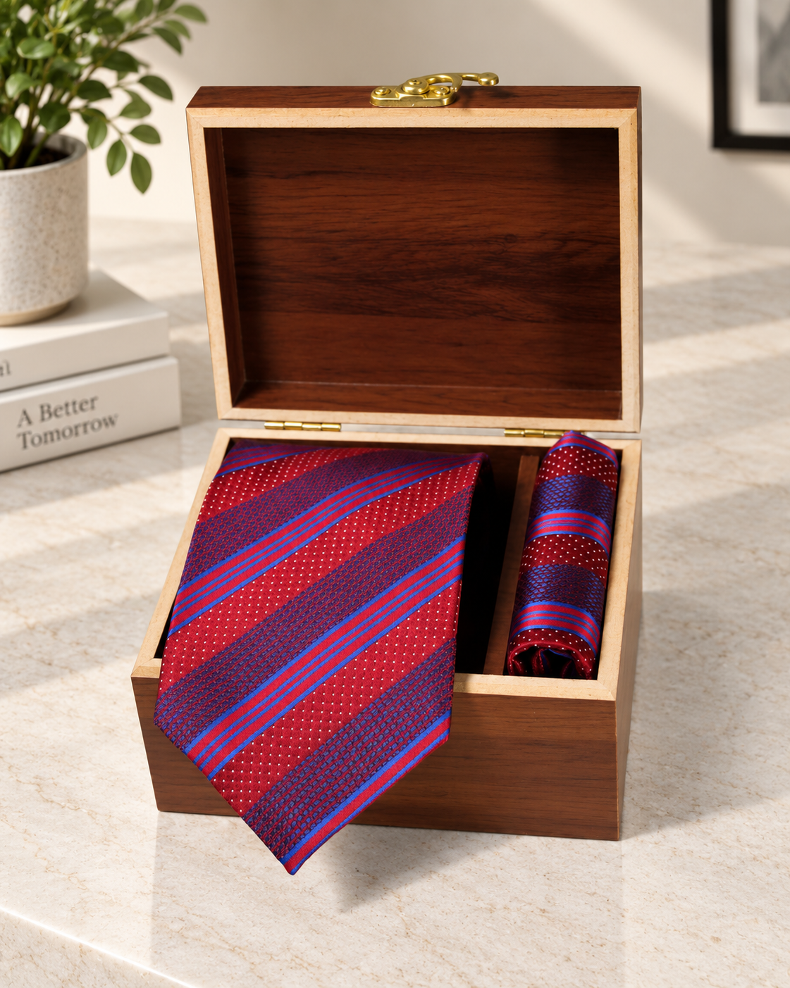 Burgundy & Blue Striped Microsilk Tie & Pocket Square Set