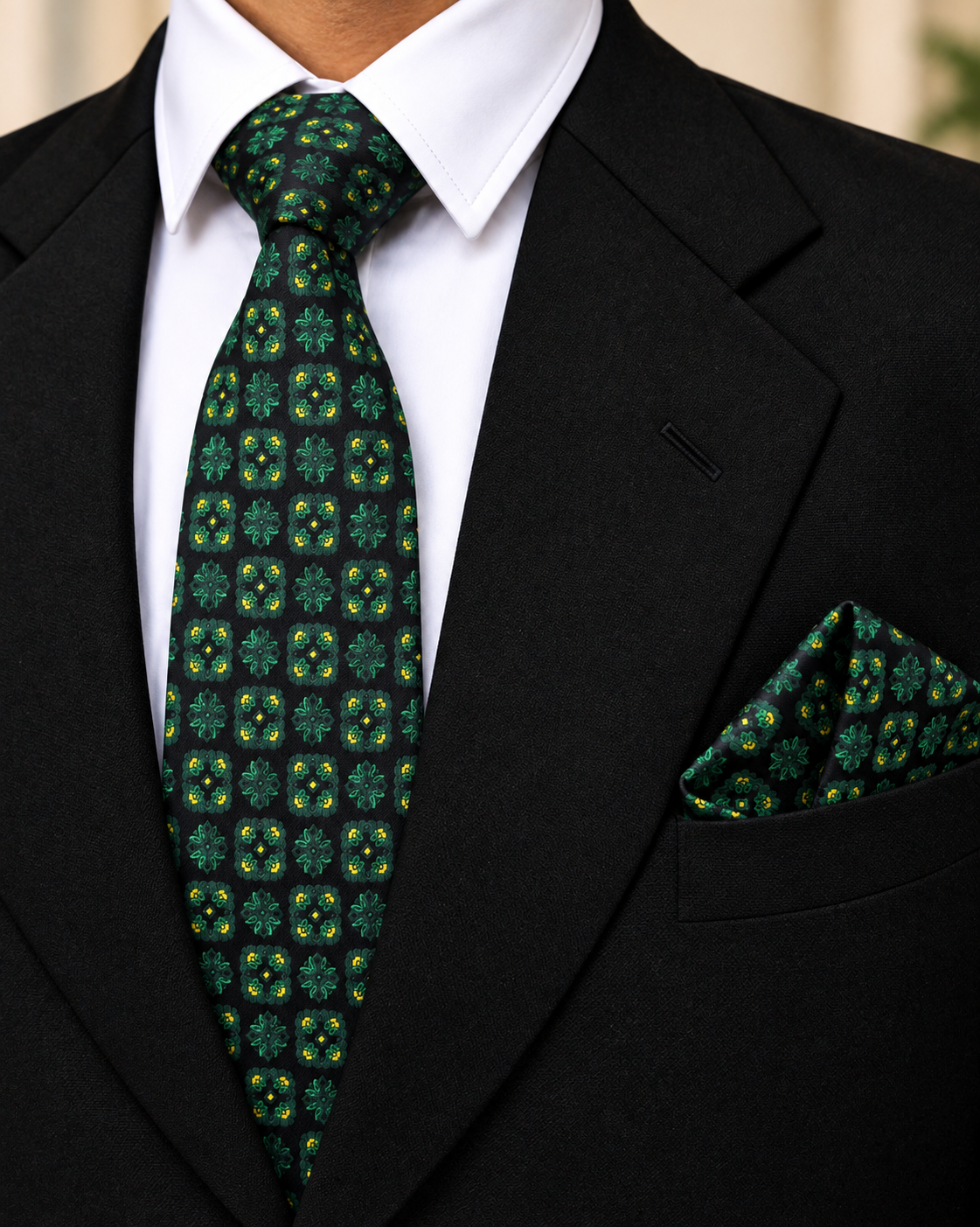 Black & Green Floral Microsilk Tie & Pocket Square Set