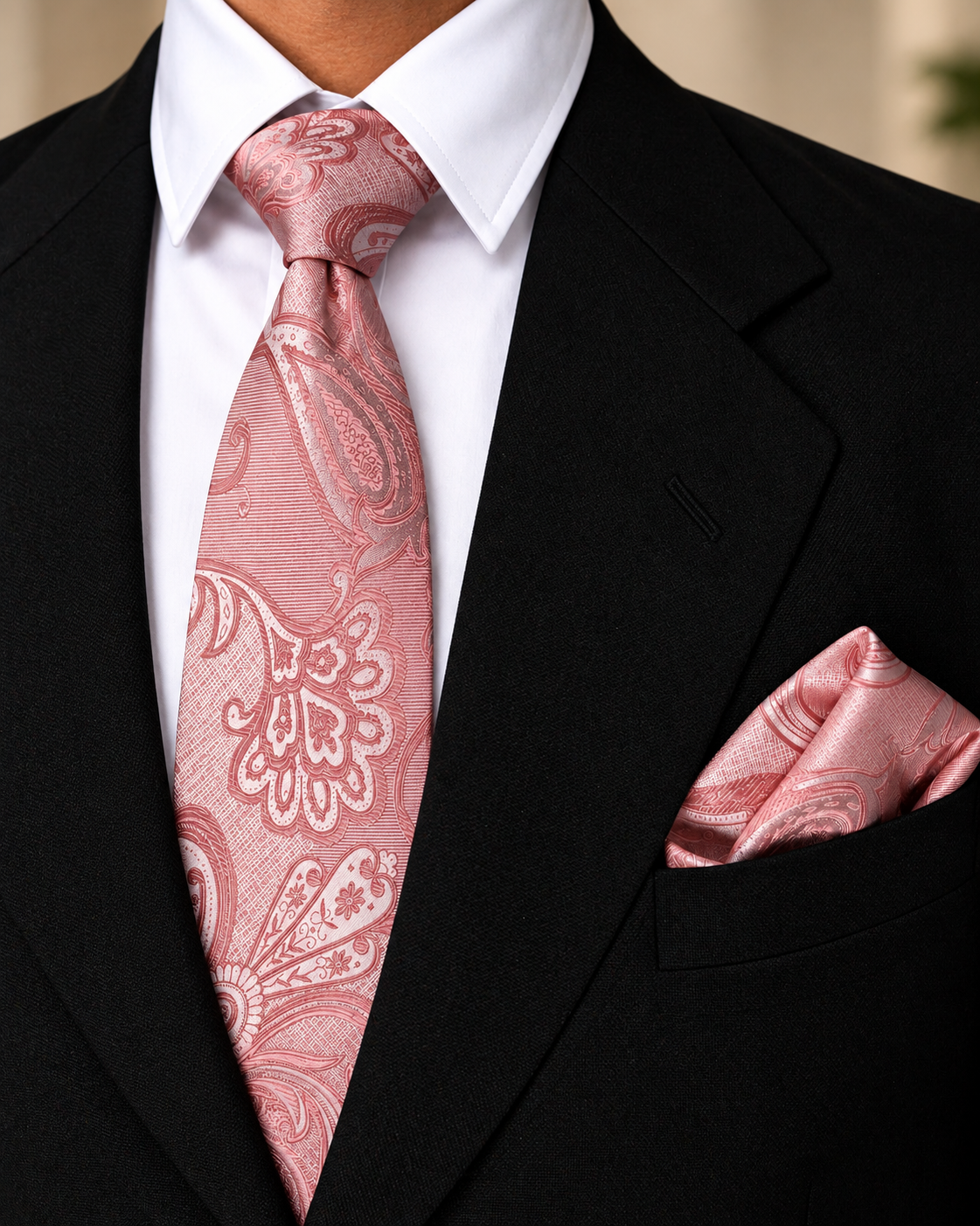 Blush Peach Paisley Microsilk Tie & Pocket Square Set
