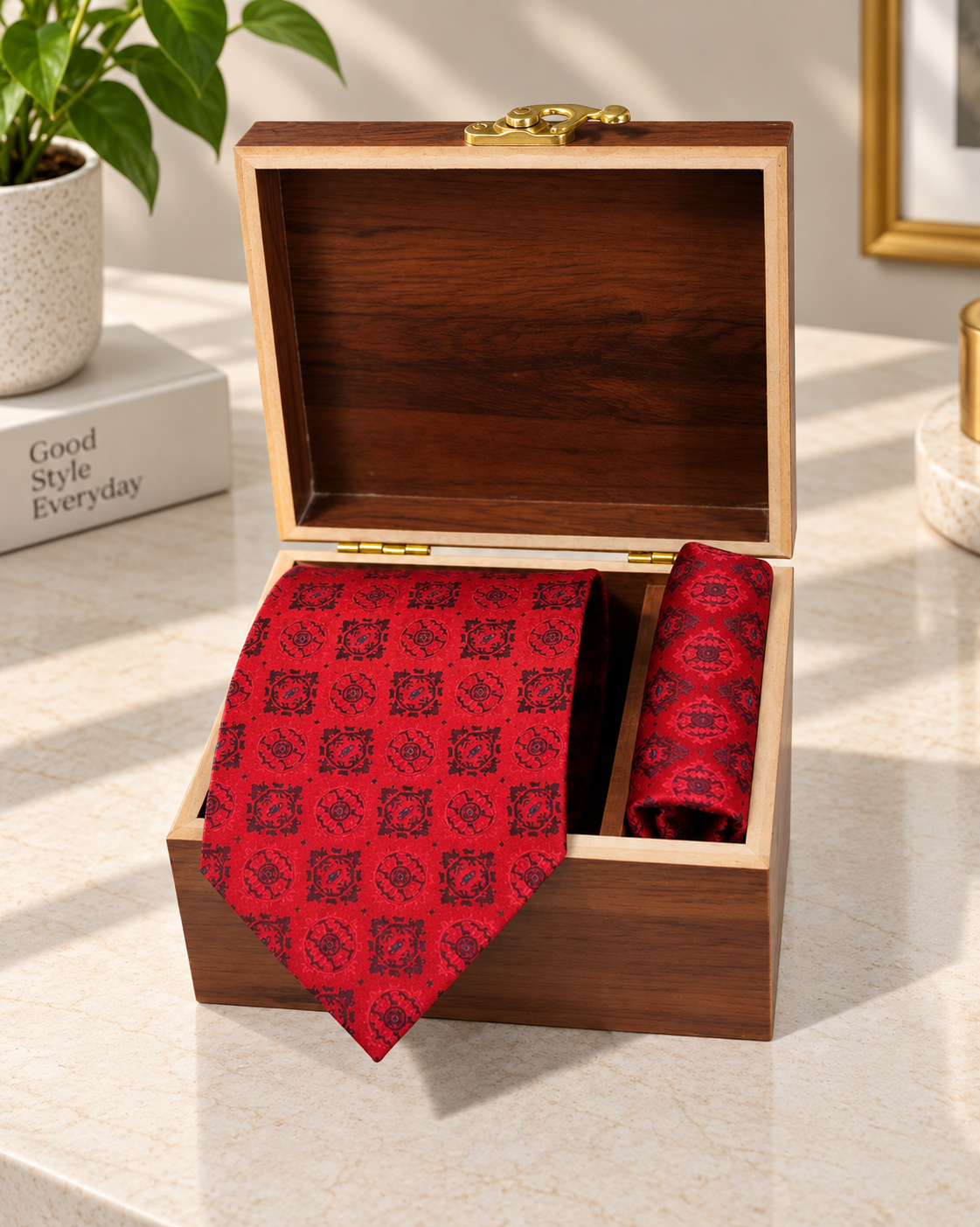 Crimson Red Medallion Microsilk Tie & Pocket Square Set