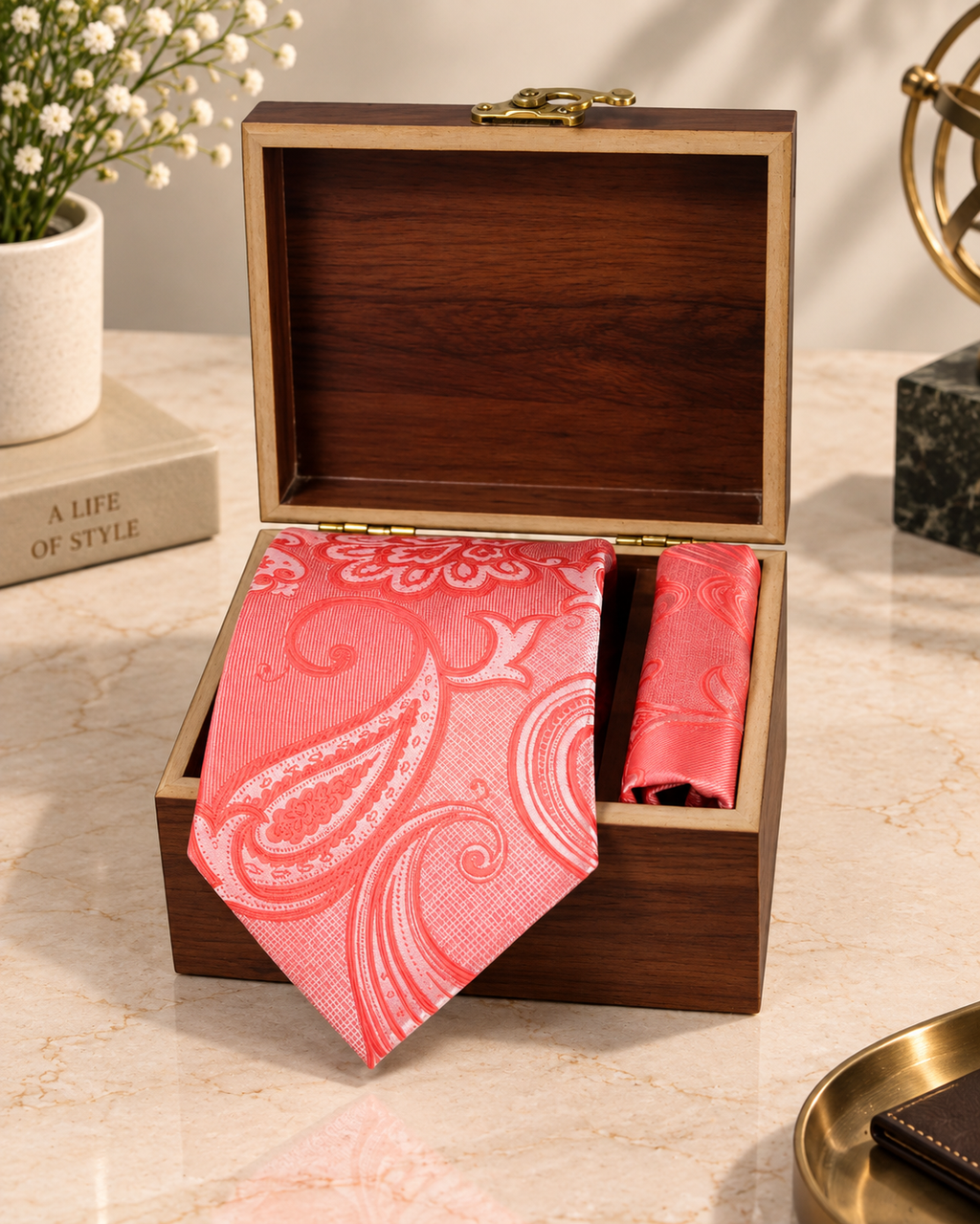 Peach Coral Paisley Microsilk Tie & Pocket Square Set