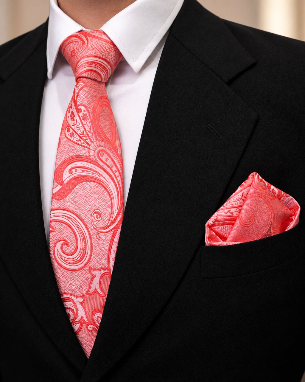 Peach Coral Paisley Microsilk Tie & Pocket Square Set