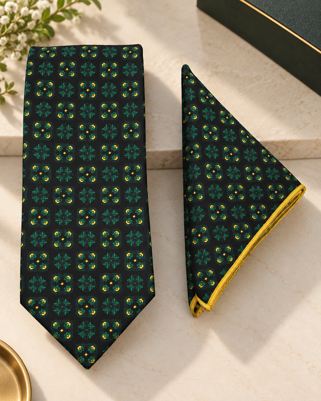 Black & Green Floral Microsilk Tie & Pocket Square Set